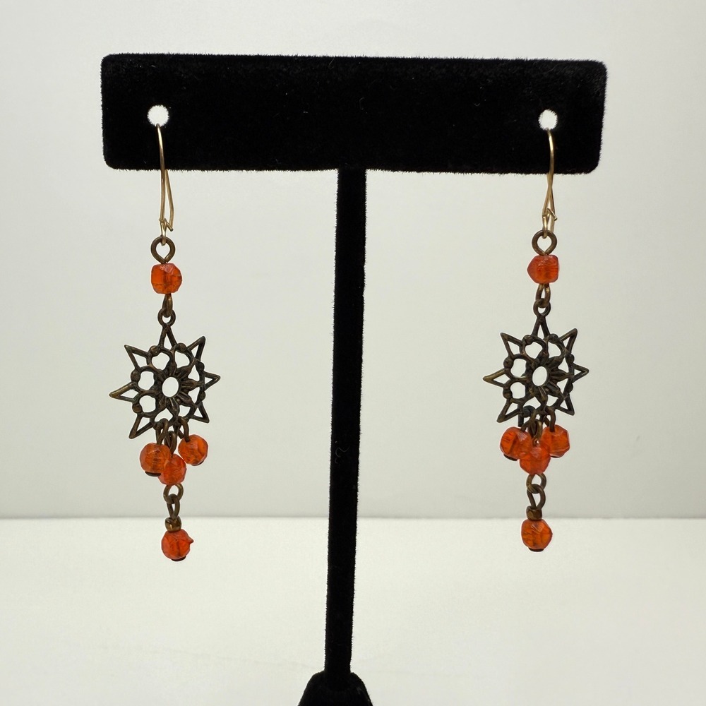Boho Bronze Starburst Dangle Drop Earrings Orange Seed Bead Jewelry 1.5 in
